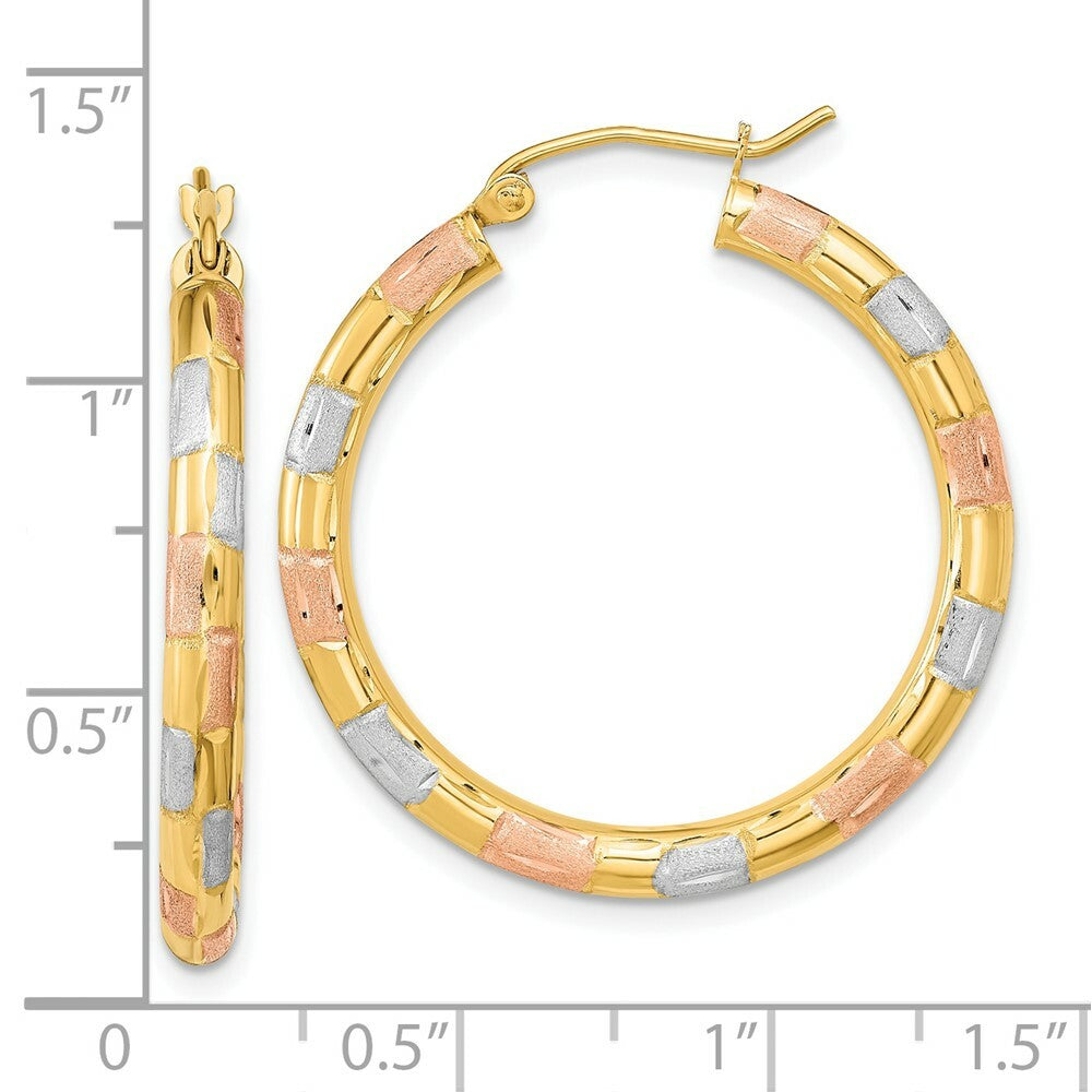 14k Yellow Gold w/ White & Rose Rhodium Polished, Satin & Diamond-cut Hoop Earrings