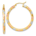 Load image into Gallery viewer, 14k Tri-Color Gold Checkered Polished Satin and Diamond-cut 35mm Hoop Earrings
