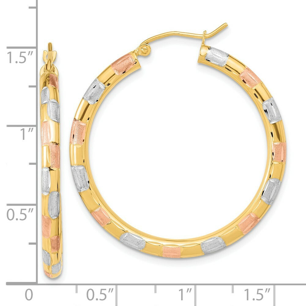 14k Tri-Color Gold Checkered Polished Satin and Diamond-cut 35mm Hoop Earrings