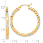 Load image into Gallery viewer, 14k Tri-Color Gold Checkered Polished Satin and Diamond-cut 35mm Hoop Earrings

