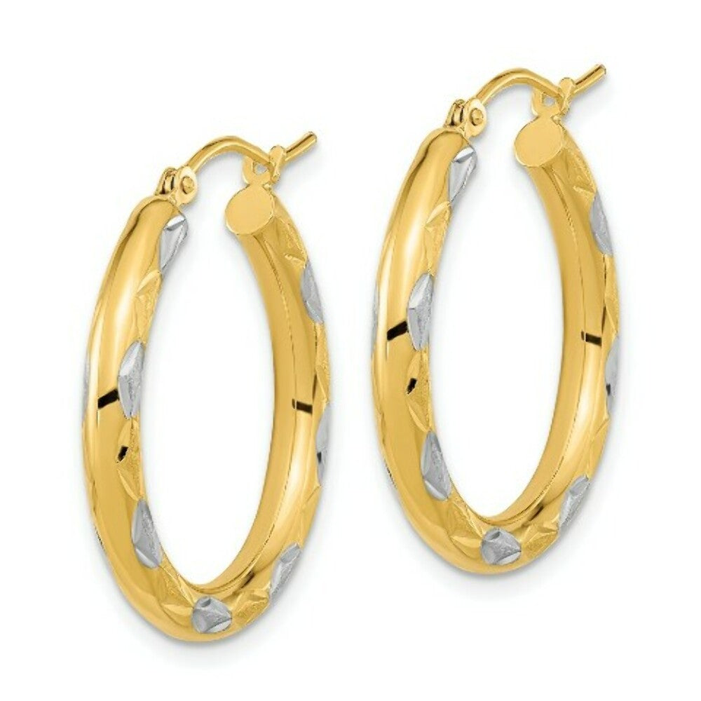 14k Yellow Two-tone Gold Satin & Diamond-cut Texture 25mm 1 inch Hoop Earrings