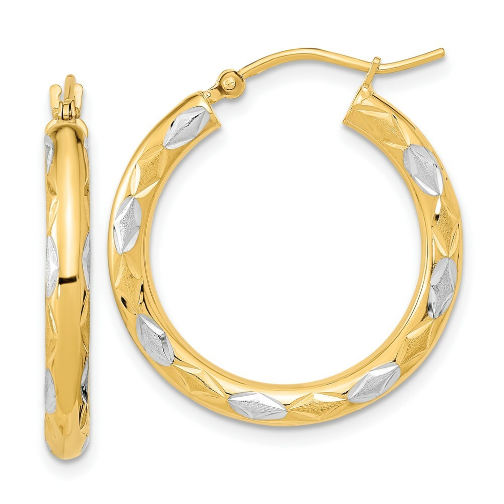 14k Yellow Two-tone Gold Satin & Diamond-cut Texture 25mm 1 inch Hoop Earrings