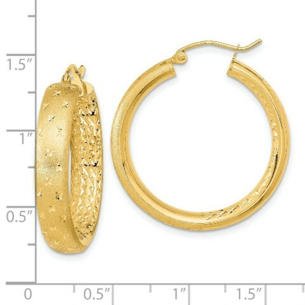 14k Yellow Gold Polished, Satin & Diamond-cut In/Out Hoop Earrings