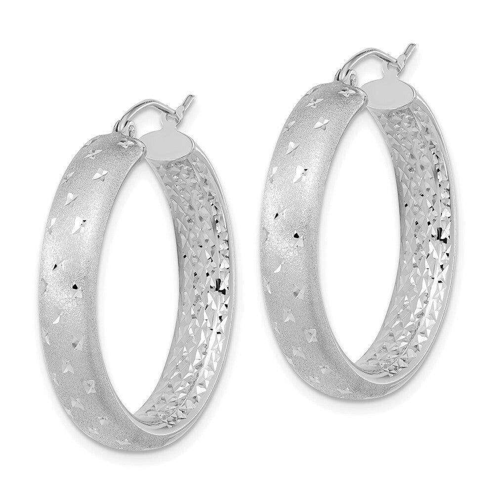 14k White Gold Polished, Satin & Diamond-cut In/Out Hoop Earrings