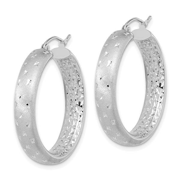 14k White Gold Polished, Satin & Diamond-cut In/Out Hoop Earrings