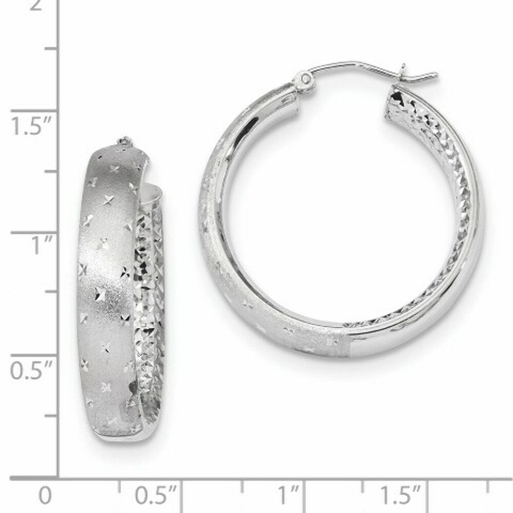 14k White Gold Polished, Satin & Diamond-cut In/Out Hoop Earrings