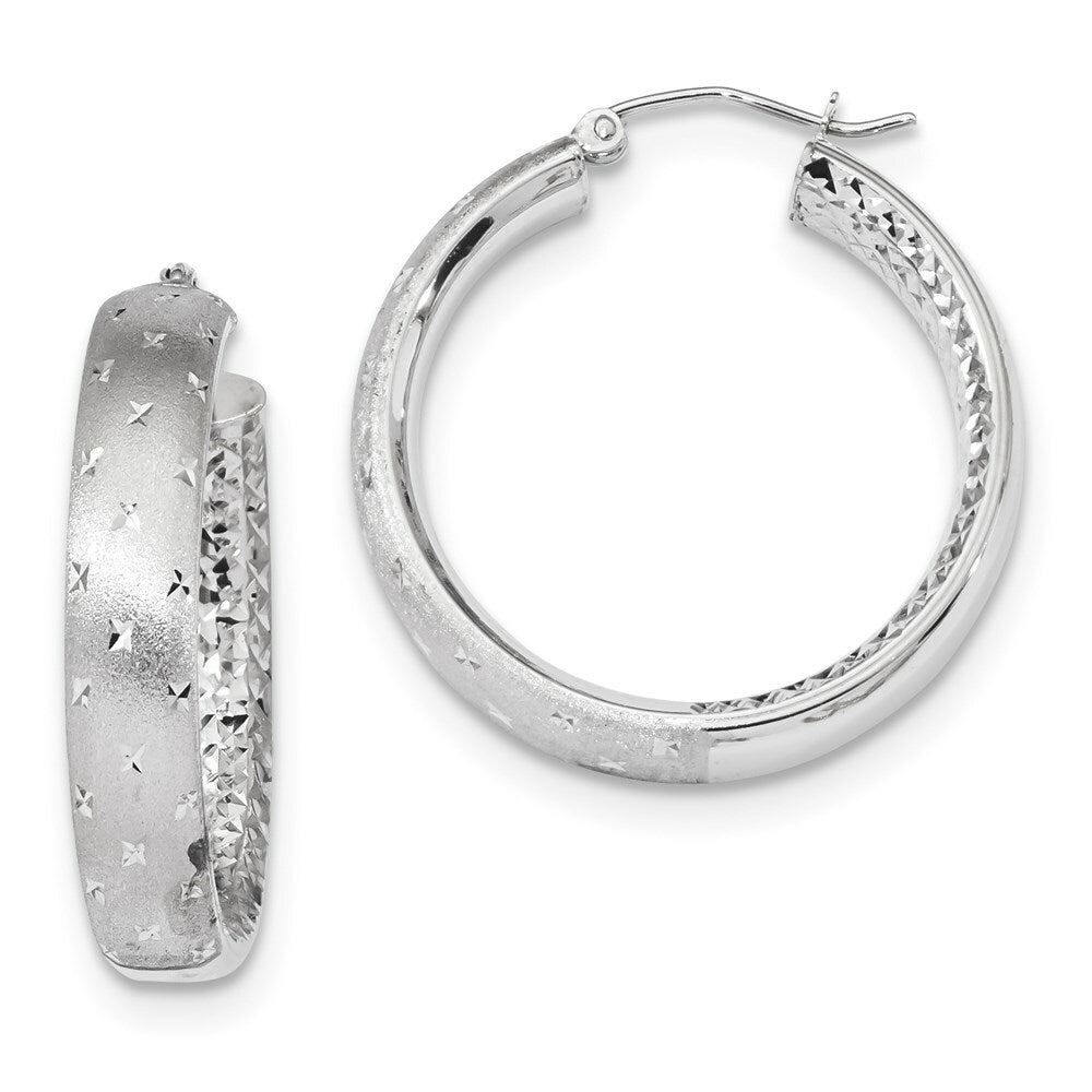 14k White Gold Polished, Satin & Diamond-cut In/Out Hoop Earrings