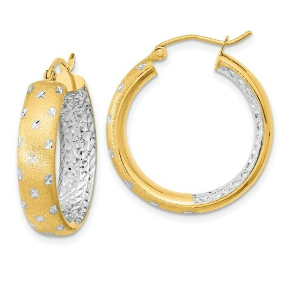 14k Two-tone Gold Polished Satin & Diamond-cut In/Out 23mm Hoop Earrings