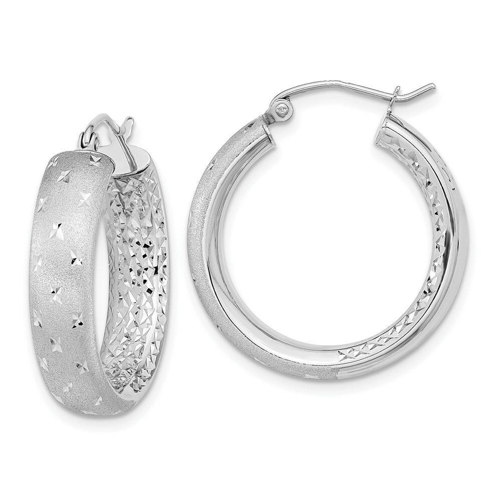 14k White Gold Polished, Satin & Diamond-cut In/Out Hoop Earrings