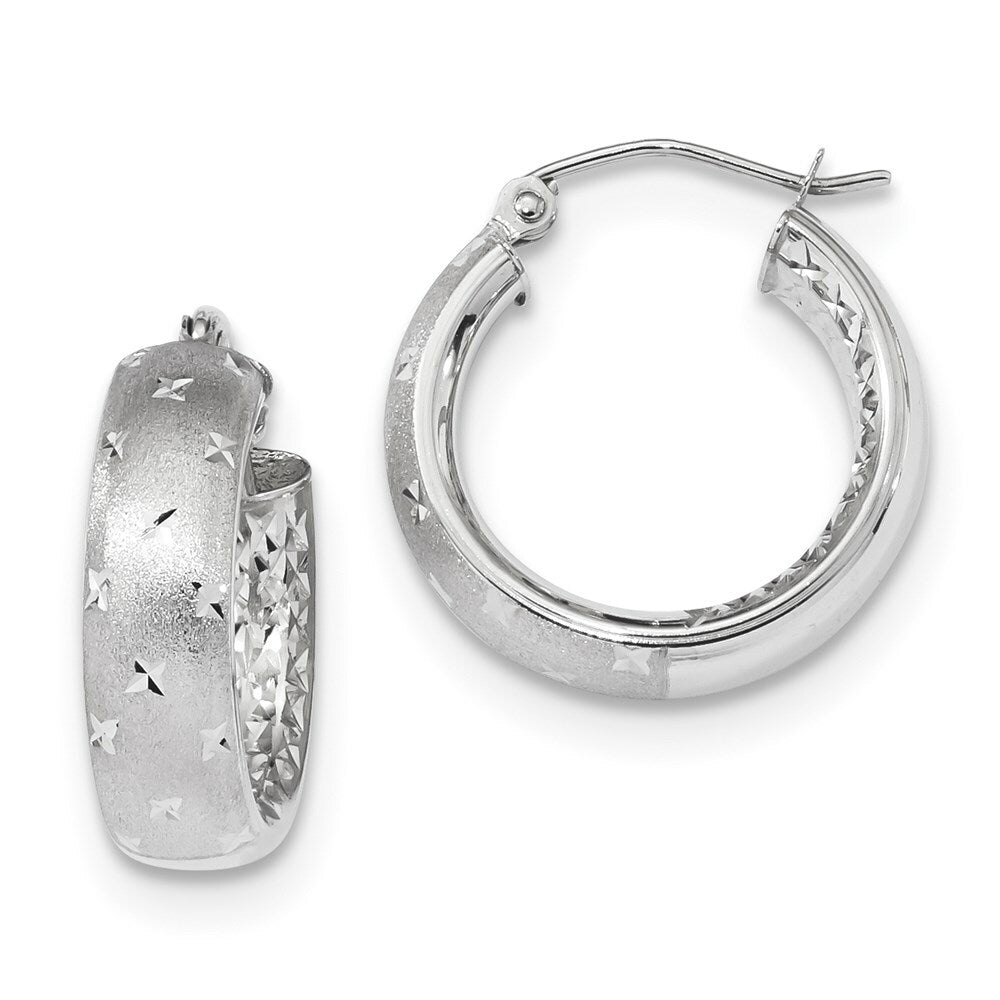 14k White Gold Polished, Satin & Diamond-cut In/Out Hoop Earrings