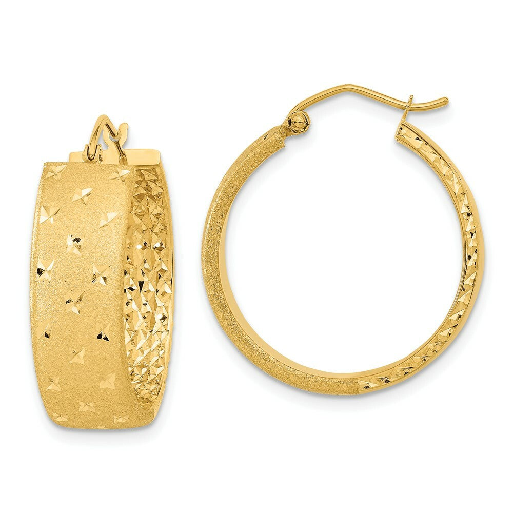 14K Yellow Gold Polished, Satin & Diamond-cut Hoop Earrings