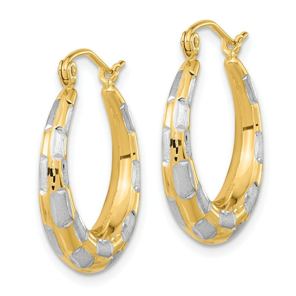 14k Two-tone Gold Polished, Satin & Diamond-cut Checkered 21mm Hoop Earrings