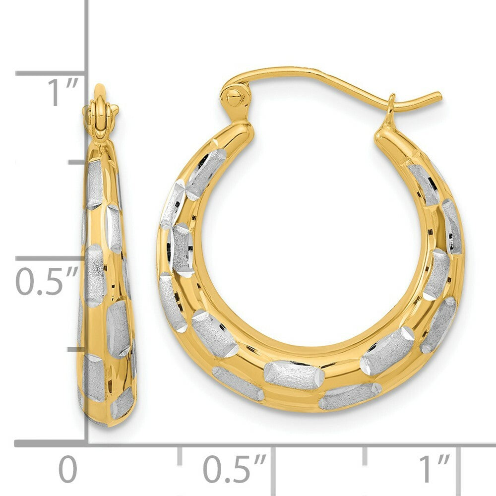 14k Two-tone Gold Polished, Satin & Diamond-cut Checkered 21mm Hoop Earrings