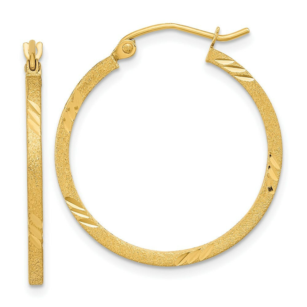 14K Yellow Gold Satin & Diamond-cut Square Tube Hoop Earrings