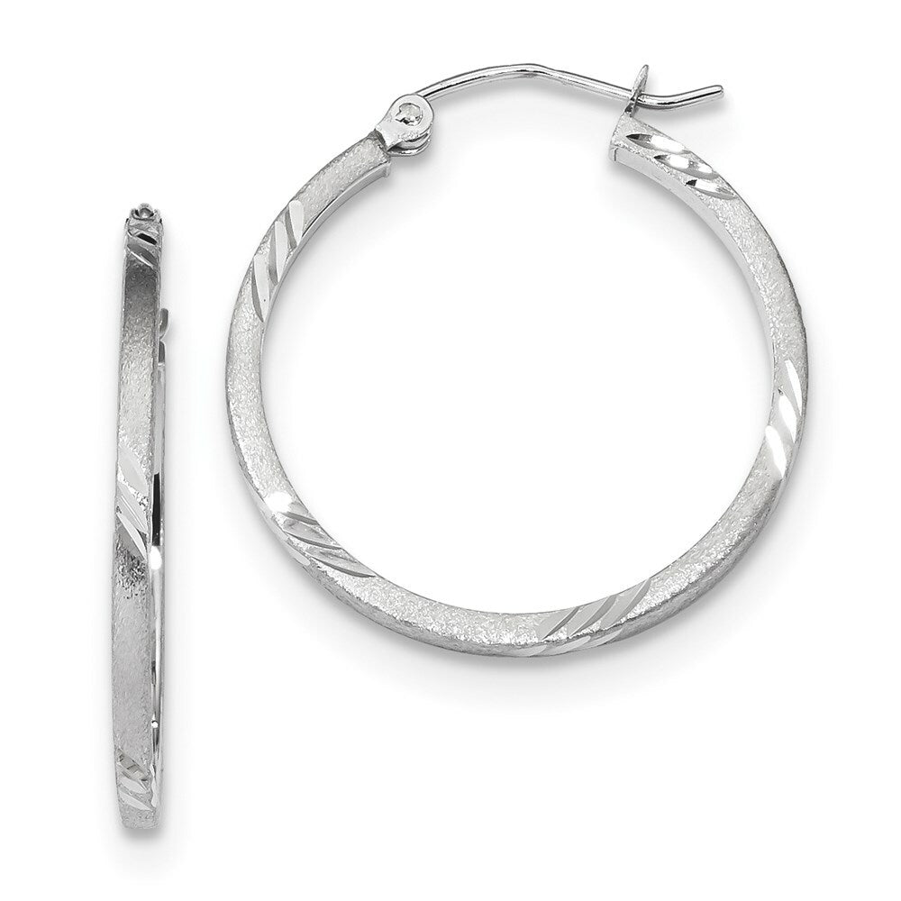 14k White Gold Satin & Diamond-cut Square Tube Hoop Earrings