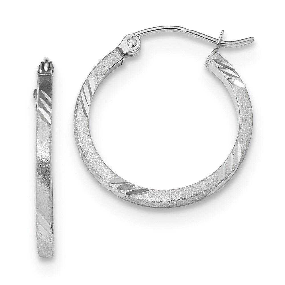 14k White Gold Satin & Diamond-cut Square Tube Hoop Earrings