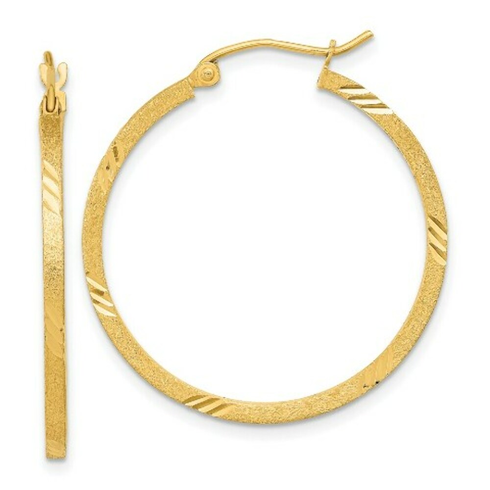 14K Yellow Gold Satin & Diamond-cut Square Tube Hoop Earrings