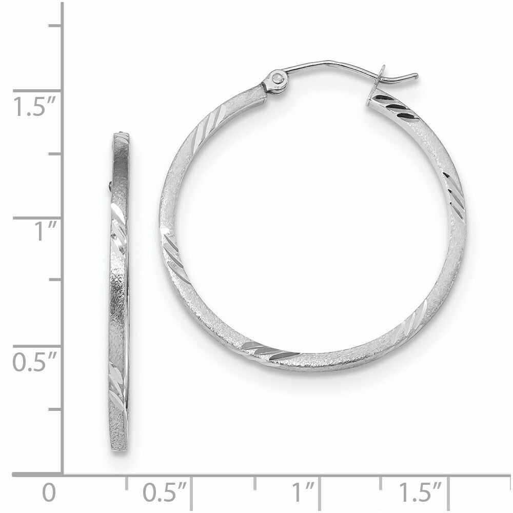 14k White Gold Satin & Diamond-cut Square Tube Hoop Earrings