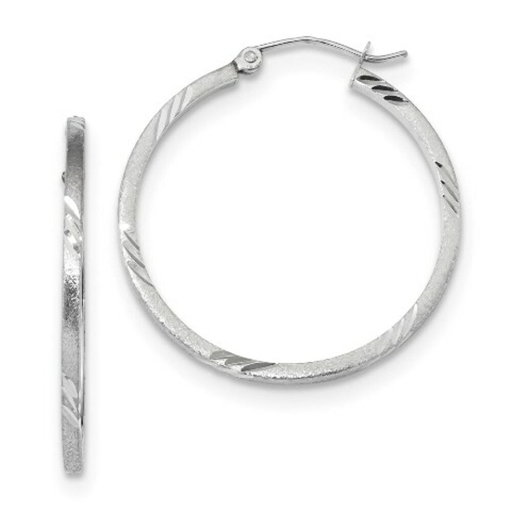 14k White Gold Satin & Diamond-cut Square Tube Hoop Earrings