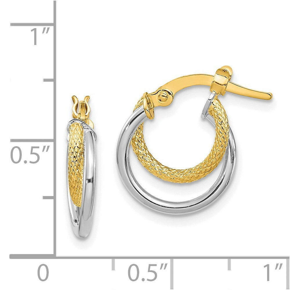 14K Two-Tone Gold Polished & Textured Hinged Hoop Earrings