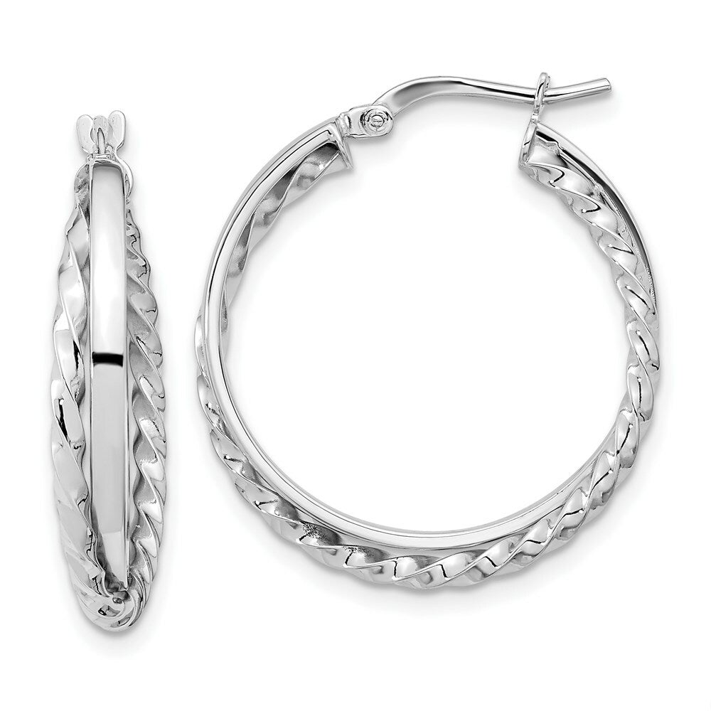 14K White Gold Polished & Textured Hinged Hoop Earrings