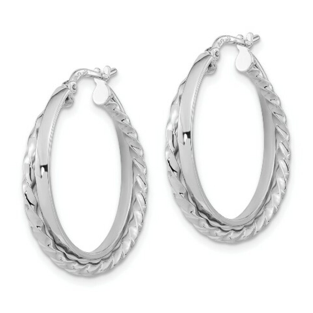 14K White Gold Polished & Textured Hinged Hoop Earrings