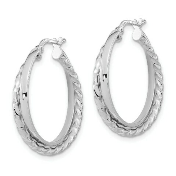14K White Gold Polished & Textured Hinged Hoop Earrings