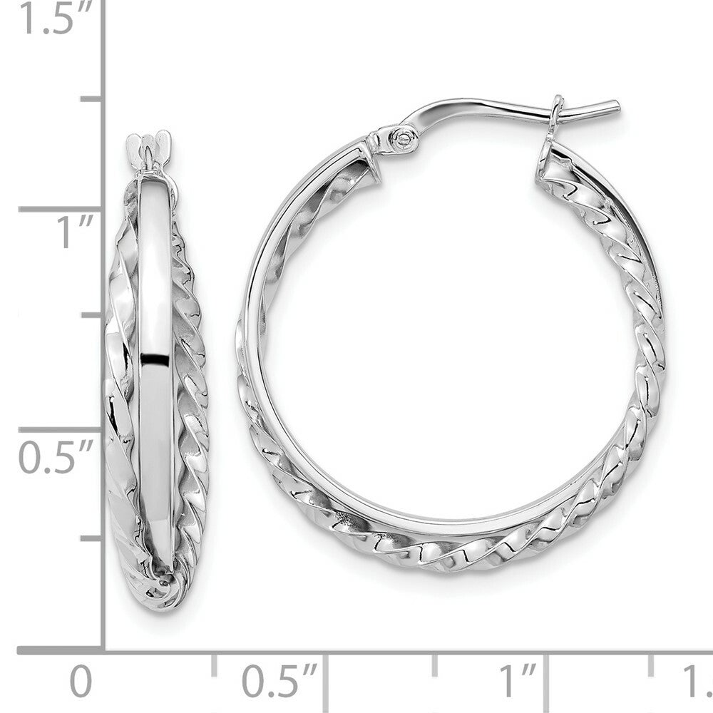 14K White Gold Polished & Textured Hinged Hoop Earrings