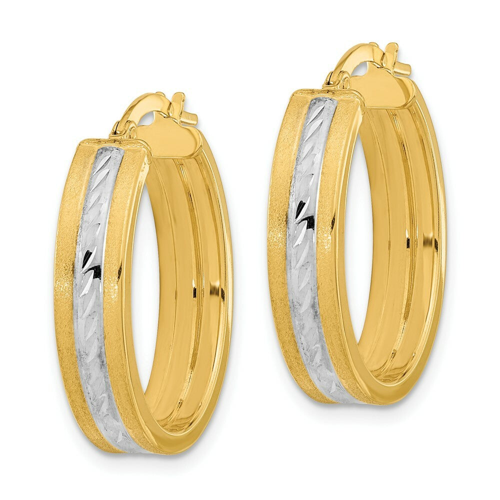 14k Two-tone Gold Diamond-cut Polished & Satin Hoop Earrings