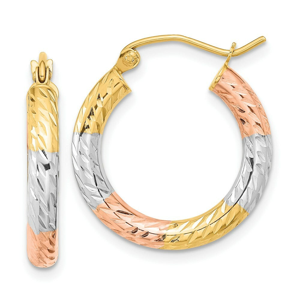 14k Tri-Color Gold Polished & Diamond-cut Texture 20mm Hoop Earrings