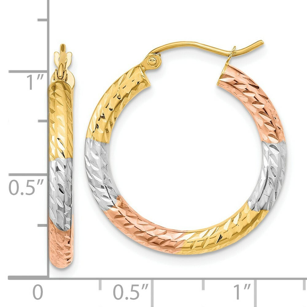 14k Tri-Color Gold Polished & Diamond-cut Texture 26mm 1 inchd Hoop Earrings