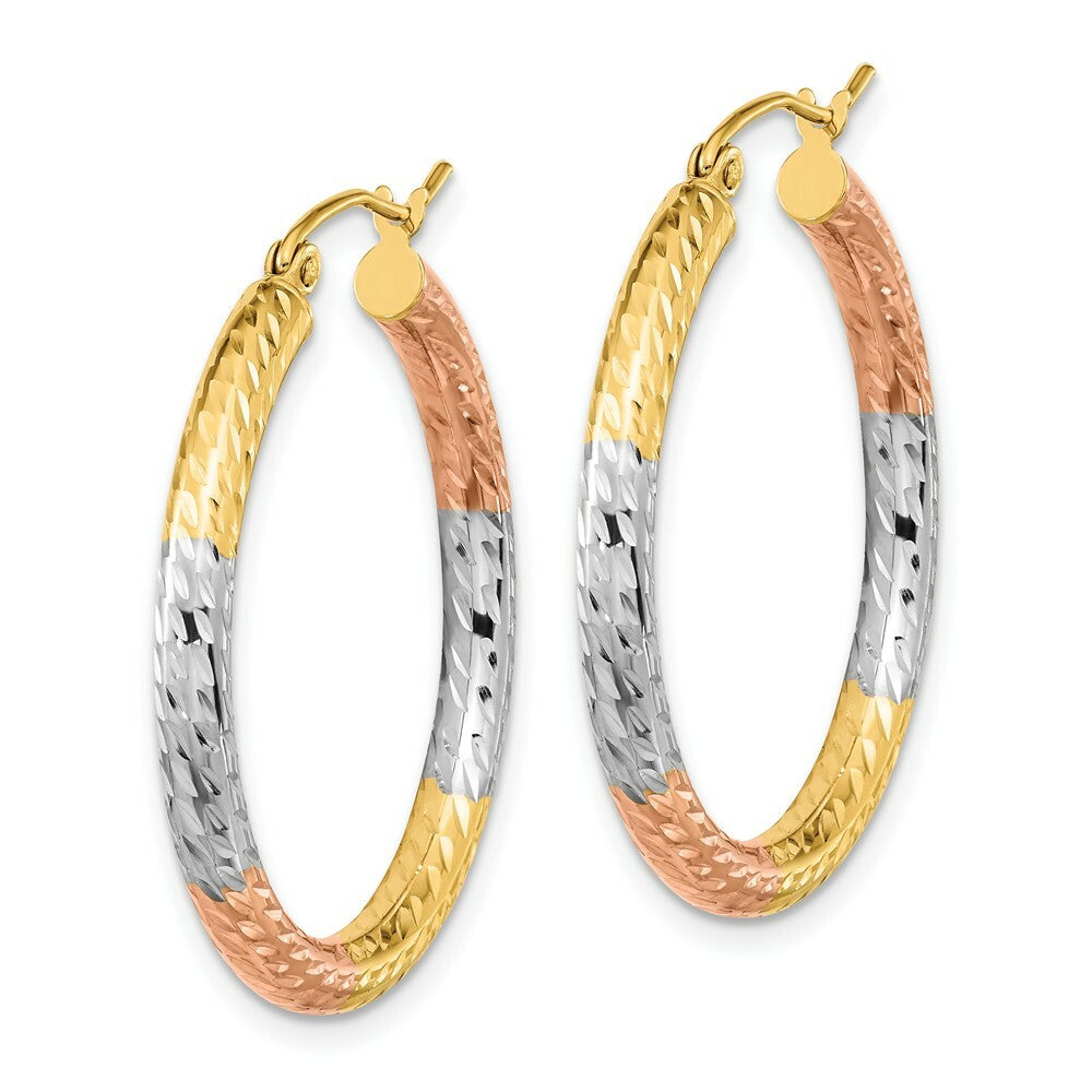 14k Tri-Color Gold Polished & Diamond-cut Textured 30mm Hoop Earrings