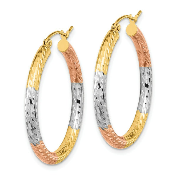 14k Tri-Color Gold Polished & Diamond-cut Textured 30mm Hoop Earrings