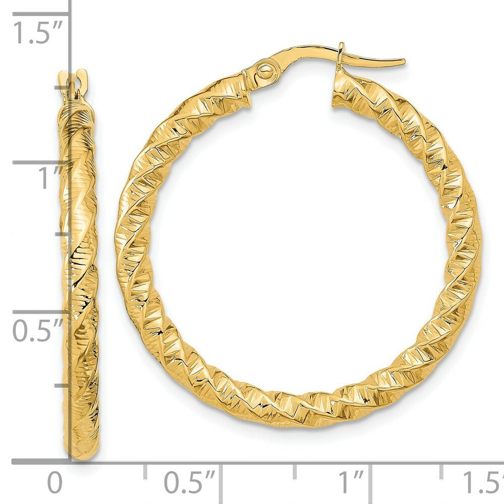 14k Yellow Gold Polished 3mm Twisted Hoop Earrings