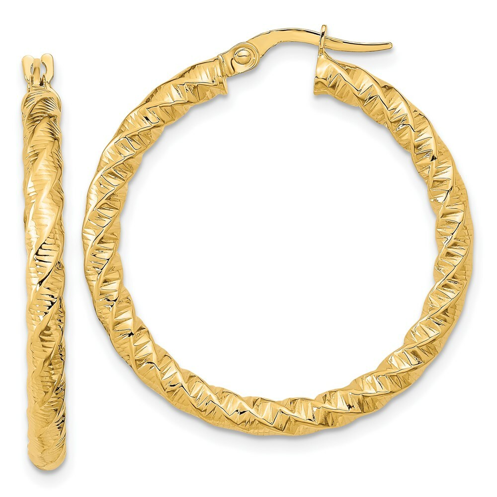 14k Yellow Gold Polished 3mm Twisted Hoop Earrings