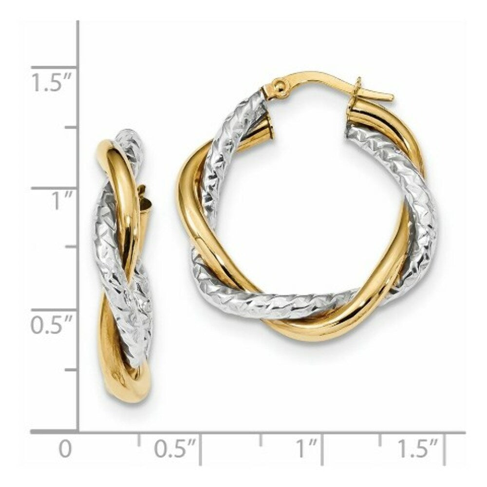 14k Two Tone Gold Polished and Textured Twisted Hoop Earrings