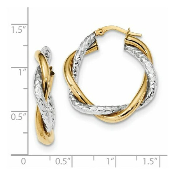 14k Two Tone Gold Polished and Textured Twisted Hoop Earrings