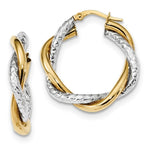 Load image into Gallery viewer, 14k Two Tone Gold Polished and Textured Twisted Hoop Earrings
