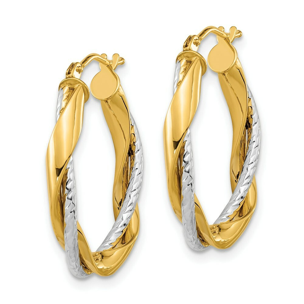 14k Two Tone Gold Polished Rope Twisted Oval Hoop Earrings