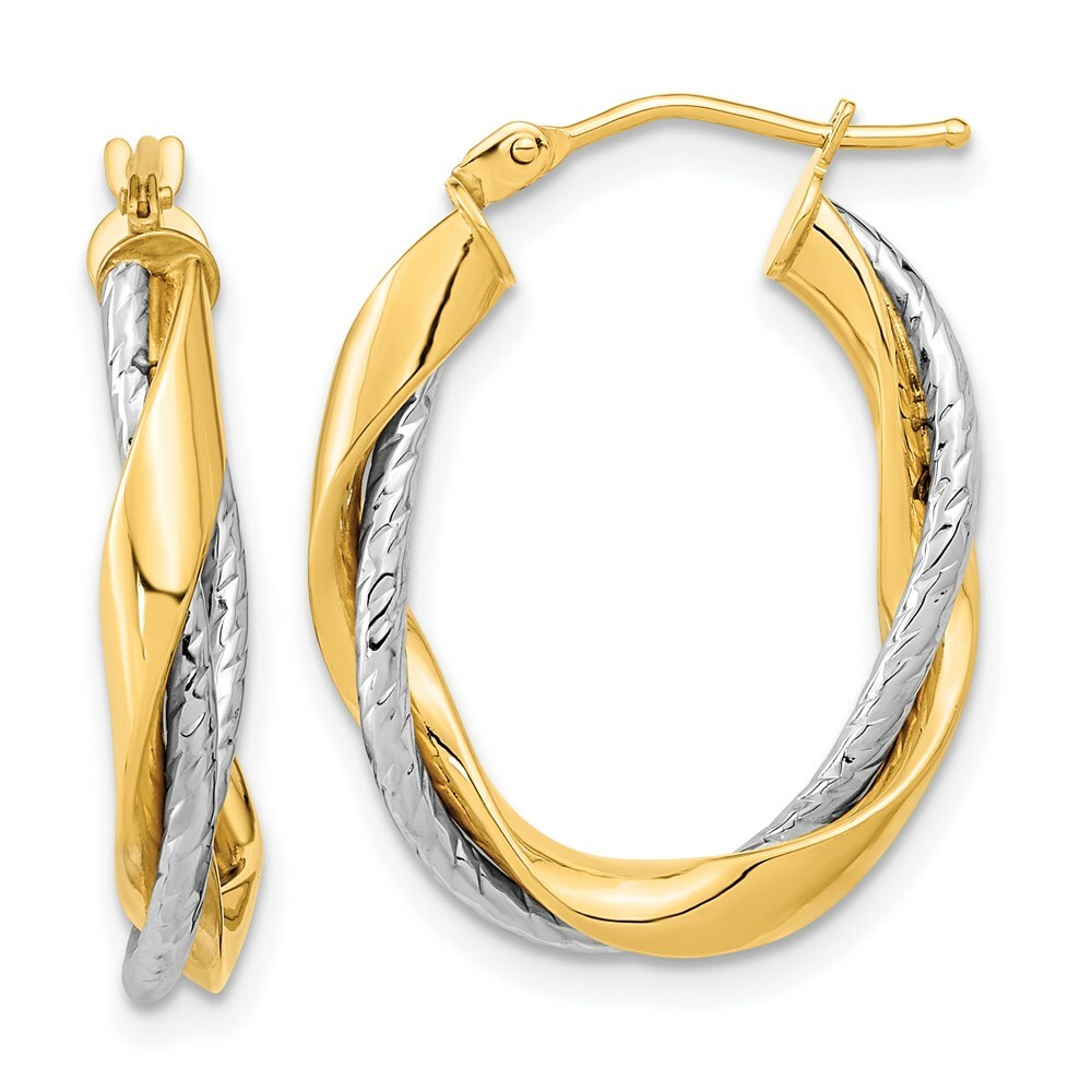 14k Two Tone Gold Polished Rope Twisted Oval Hoop Earrings