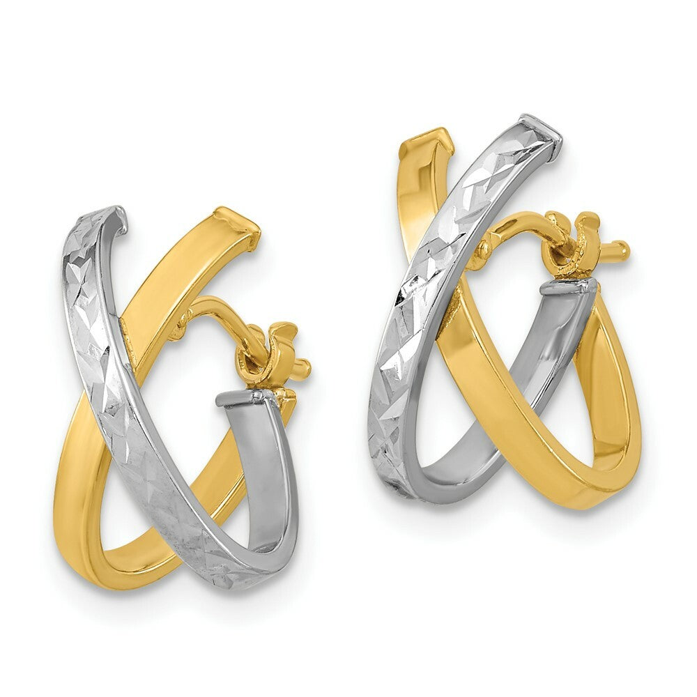 14k Two Tone Gold Diamond-cut & Polished Hoop Earrings