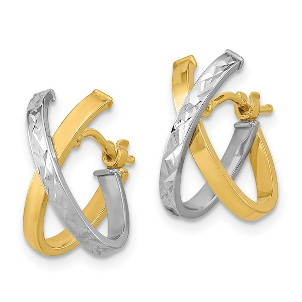 14k Two Tone Gold Diamond-cut & Polished Hoop Earrings