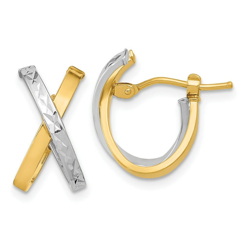 14k Two Tone Gold Diamond-cut & Polished Hoop Earrings