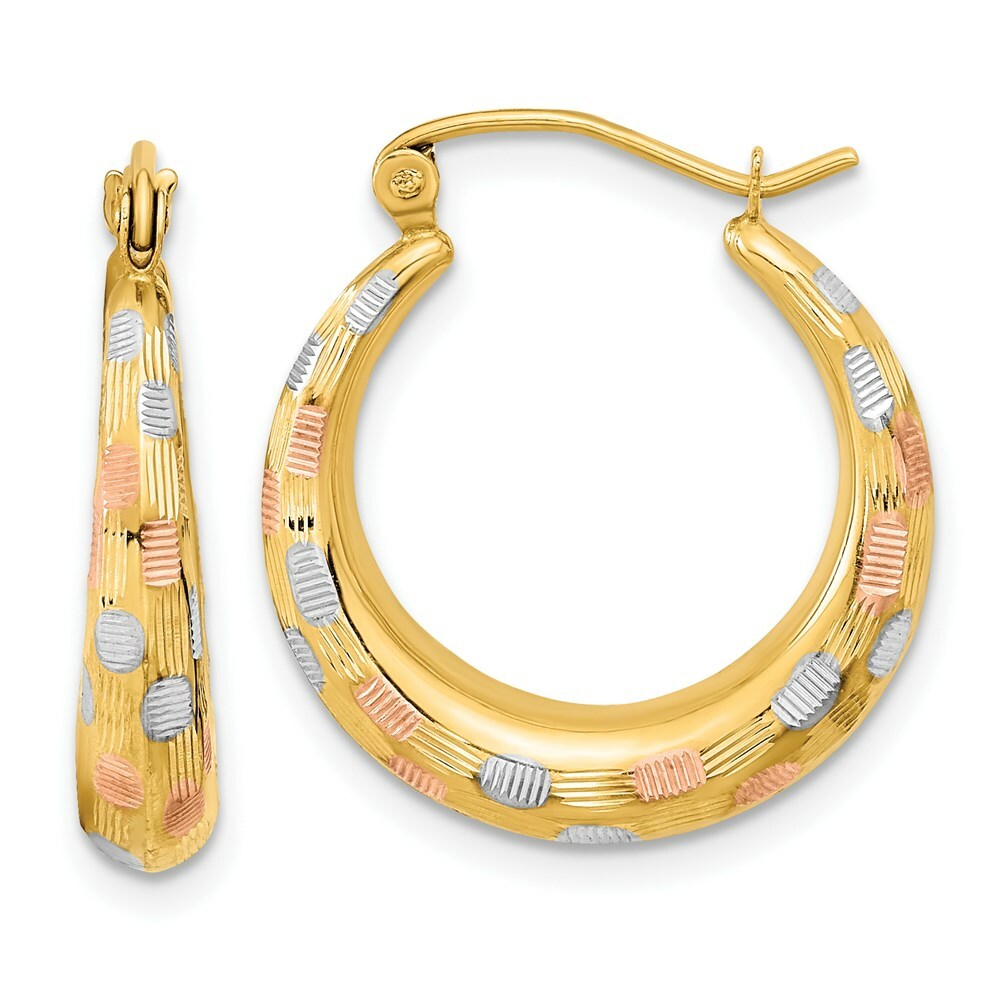 14k Polished White & Rose Gold Satin & Diamond-cut Hoop Earrings