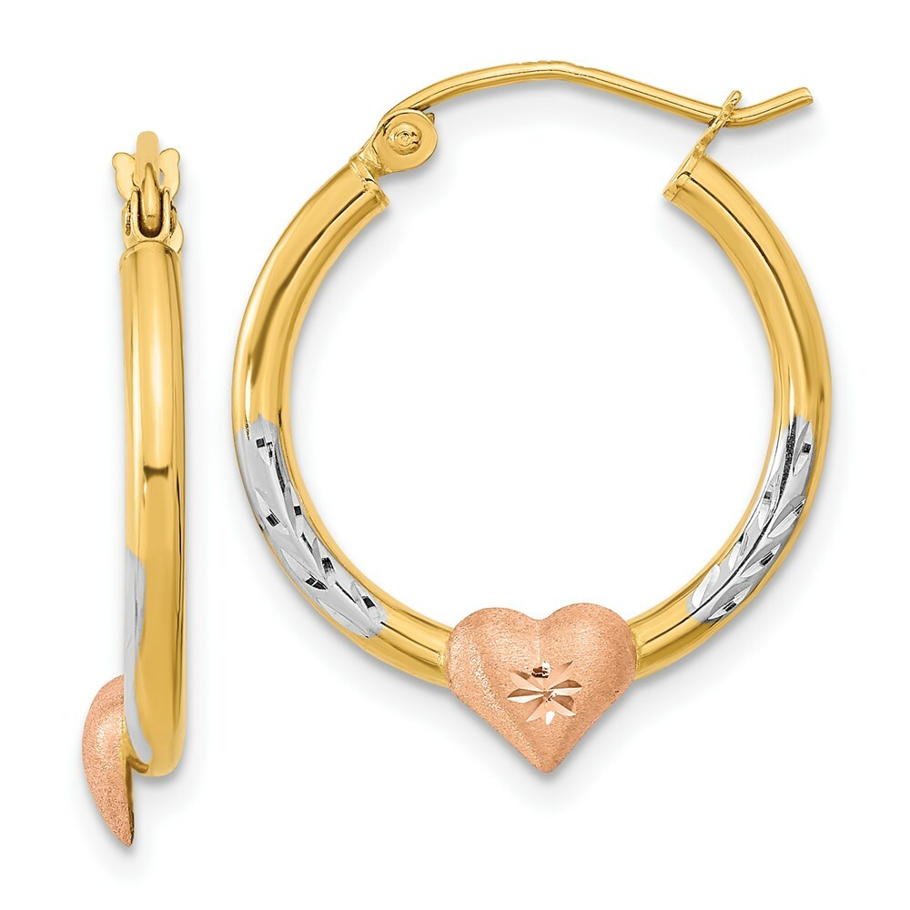 14k Tri-color Gold Diamond-cut Heart Hoop Earrings