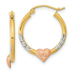 Load image into Gallery viewer, 14k Tri-color Gold Diamond-cut Heart Hoop Earrings
