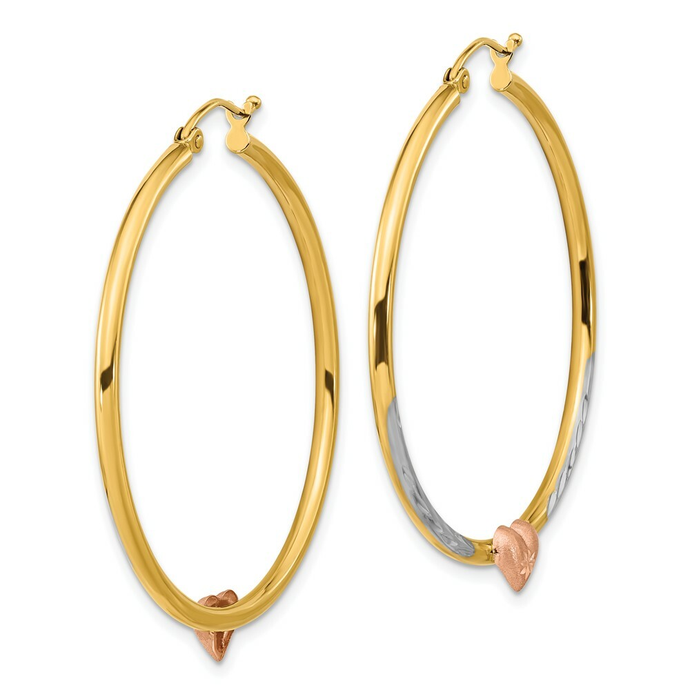14k Tri-color Gold Diamond-cut Heart Hoop Earrings