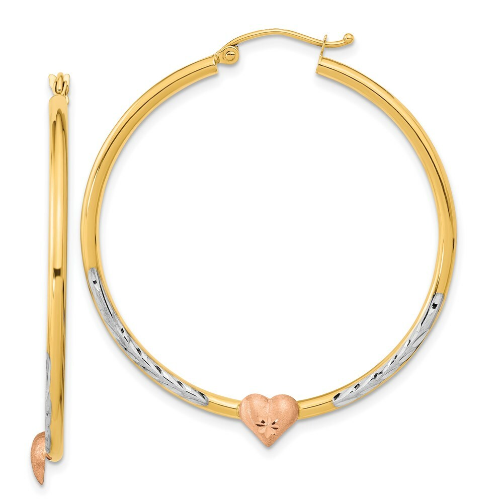 14k Tri-color Gold Diamond-cut Heart Hoop Earrings