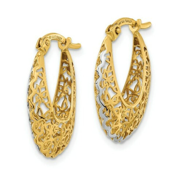 14K Yellow Gold Rhodium-plated Polished Filigree Hoop Earrings