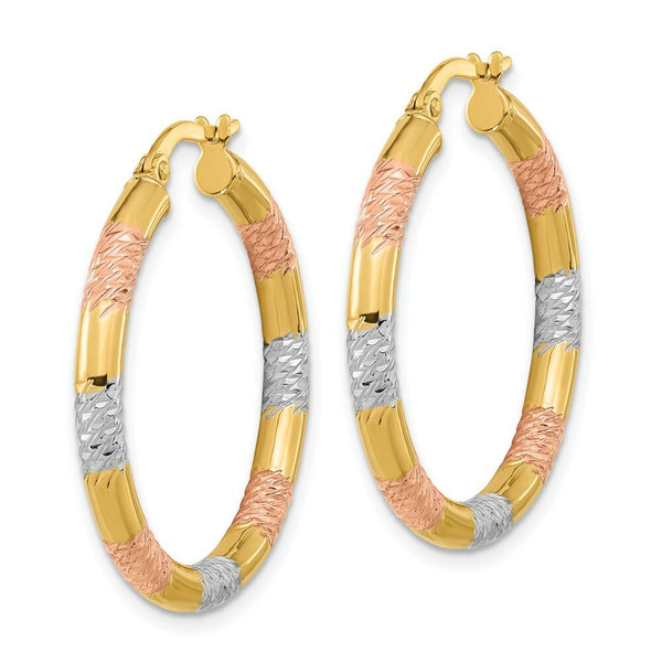 14k Tri-Color Gold Diamond-cut 3mm x 30mm Hoop Earrings